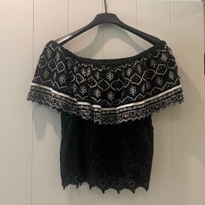 Anthro Hemant & Nandita black eyelet sequin off shoulder blouse